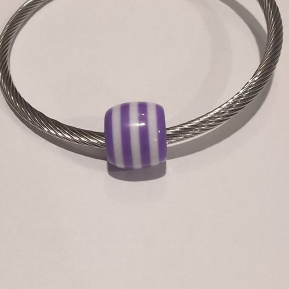 Purple and White Striped Charm‎ for Pandora Style Bracelet - Picture 2 of 4